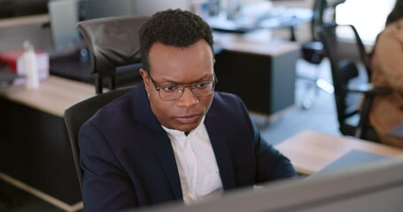 Poster - Developer, computer or programmer thinking of cyber security code for digital transformation on internet. Cloud computing, hacker or focused black man coding or programming software data at office