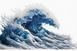Isolated, blue ocean waves with white foam. White backdrop. broad format. Generative AI