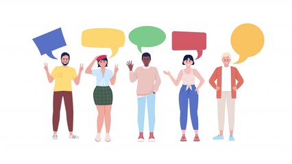 Poster - Animated multilanguage characters. Diverse group smiling and greeting. Full body flat people on white background with alpha channel transparency. Colorful cartoon style HD video footage for animation