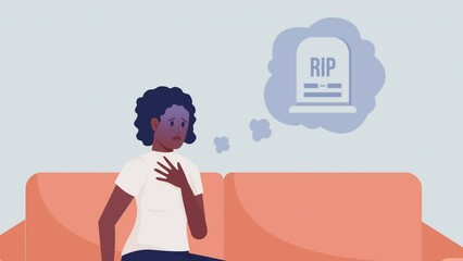 Poster - Animated scared girl character. Scare of dying. Death anxiety attack. Full body flat person on grey background with alpha channel transparency. Colorful cartoon style HD video footage for animation