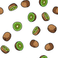 Poster - kiwi fruit green fresh slice vector seamless pattern thin line illustration