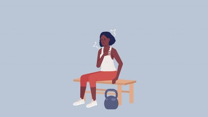 Poster - Animated frightened woman character. Anxiety attack at gym. Full body flat person on grey background with alpha channel transparency. Colorful cartoon style HD video footage for animation