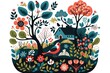 Norwegian art style illustration of nature landscape, tree, bird, flowers