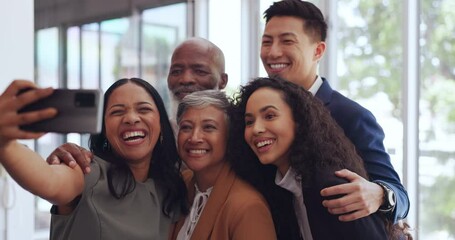 Poster - Business people, phone or diversity team selfie for social media, about us website or global success growth. Smile, happy or mobile profile picture for creative designer collaboration of man or women