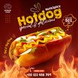 Delicious hot dog with BBQ grill fire, Social media templates for promotions on the Food menu