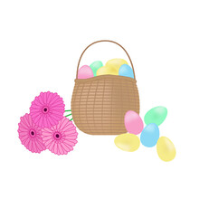 Vector Image Of An Easter Basket With Eggs And Pink Flowers On A White Background. Graphic Design