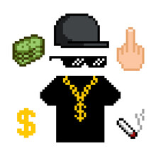 Boss Or Gangster Pixelated Sunglasses, Gold Chain, Cap And Cigarette, T-shirt. Thug Attributes. Vector Illustration.