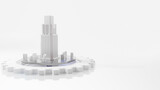 Fototapeta Uliczki - Minimal concept. Building on white cog gear on white background. community drive concept. 3D Render.