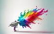 chrome metal airbrush acrylic color paint gun tool with colorful rainbow spray. Generated AI