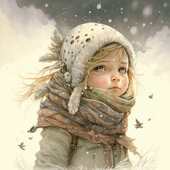 Illustrated Hand Drawn Winter Child Storybook Style AI Generated