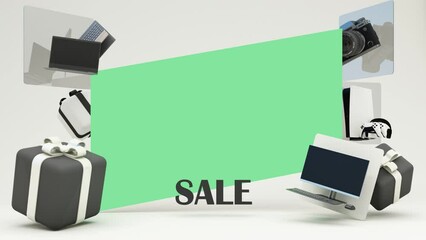 Poster - Gadgets and accessories play console with pc and laptop promotion discount with gift box and product stand for online marketing in cartoon style. 3d rendering on pastel background.