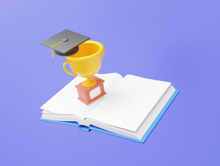 Poster - Open book with Graduation cap trophy cup floating on purple background. idea creative champion reading writing training learning online education concept. 3d rendering illustration. Minimal cartoon