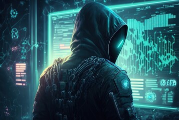 illustration of a man in hood and mask with computer monitor, idea for hacker and cyber security the