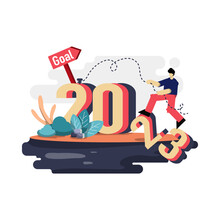 Goal In New Year 2023 Flat Illustration, Concept Of Man Trying To Reach Dream In New Year. Suitable For Web And Mobile App Design