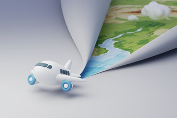 White airplane fly over white paper and rip paper to show world map below, Time to travel, new airway and route of flight concept, 3d render and illustration.