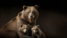 Cute Brown Bear Family Mother And Two Cubs Isolated On Dark Background With Copy Spcae Area