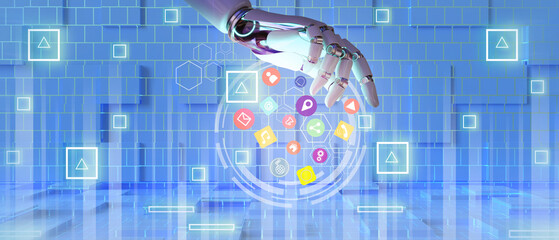 Aufkleber - Abstract Background. Futuristic Cyber technology with Ai hands and internet connectivity to communicate through application concept on Blue. copy space, software, digital, banner -3d Rendering