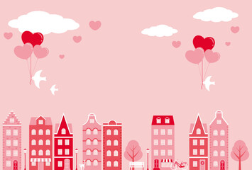 Wall Mural - valentine’s day vector background with city landscape with houses and heart balloons for banners, cards, flyers, social media wallpapers, etc.