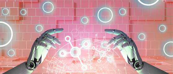 Aufkleber - Abstract Background. Futuristic Cyber Ai metaverse technology with Ai hands and Internet connection Business Digital for Innovation Development concept on red. Inspiration, copy space -3d Rendering