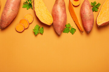 Wall Mural - Concept of vegetables, sweet potato, space for text