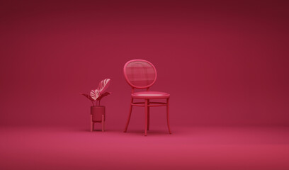 Interior of the room in plain monochrome viva magenta color with furnitures and chair, plant pot. Light background with copy space. Trend colour year 2023 in the studio.3d render	
