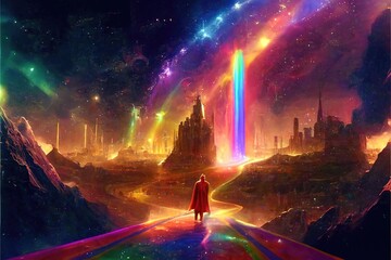 Poster - Asgard golden city floats in space cosmos stars rainbow, Generative AI