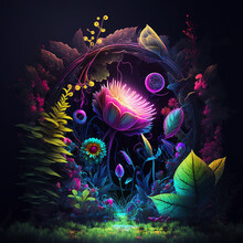 Colorful Fantasy Floral Sci-fi Neon Portal. Flower Plants With Neon Background Wallpaper.