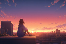 Girl Sitting On Rooftop Watching Beautiful Sunset Over City. Anime Style Wallpaper. AI