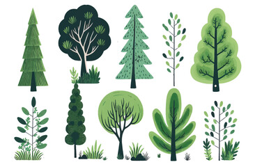 Cute cartoon trees set isolated on white background. Modern abstract stylized woodland. Christmas card, children's room decor, Scandinavian wallpaper