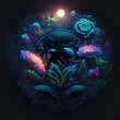 colorful fantasy floral sci-fi neon portal. Flower plants with neon background wallpaper.