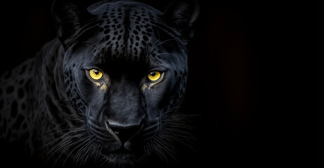 front view of panther on black background. wild animals banner with copy space. predator series. dig