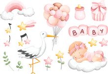 Stork And Baby Girl Clipart. Watercolor Illustration. Great For Card And Greetings.