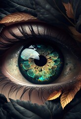 Stunning abstract illustration of colorful female eye surrounded by dark foliage around, ultra close-up. Generative art