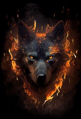 Stunning black dog portrait surround by flame and smoke on dark background. Generative art