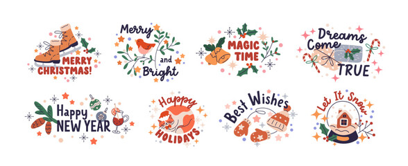 Winter holiday stickers with Merry Christmas and Happy New Year typography. Xmas compositions with quotes, festive advent decorations set. Flat vector illustrations isolated on white background