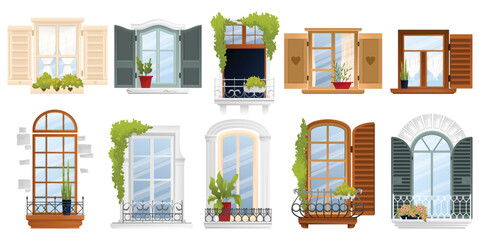 Wall Mural - Vintage Old European Balcony Window Icon Set