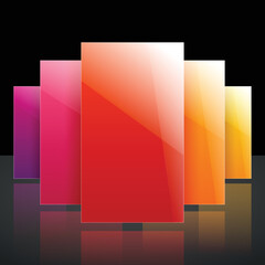 Poster - Infographic colorful yellow, orange, red and purple shiny transparent rectangles with reflections on black background