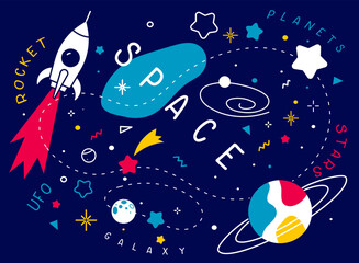 Wall Mural - Vector abstract kid space illustration with spaceship, star and planet on dark blue background. Flat line art style space design with word space