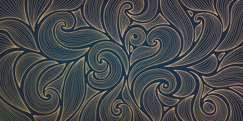 Wall Mural - vector golden leaves and swirls, wavy modern, art deco wallpaper background pattern. line design for