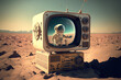At a spacewalk on a planet's orbit, an astronaut is holding an antique TV head. media mix. Generative AI