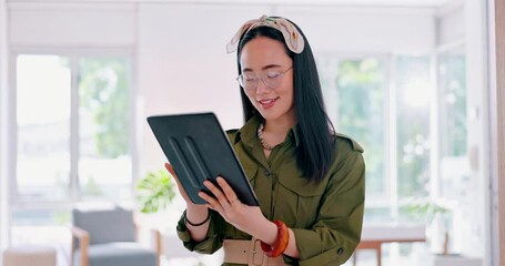 Aufkleber - Tablet, digital marketing or Japanese woman in digital agency networking, scroll or surfing on internet for research. Social media, data analysis or happy creative Asian worker planning SEO strategy