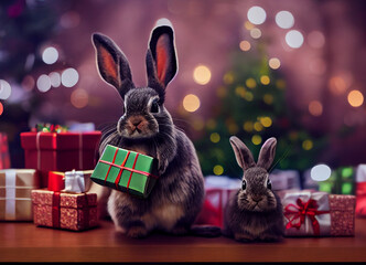  Cute adorable animal, bunny , holding present with christmas tree at the background.