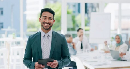 Wall Mural - Asian man, tablet and happy portrait in meeting for business startup, businessman leader and management training in office. Team, digital marketing and leadership presentation with digital device