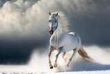 Fototapeta Konie - Beautiful mustang horse running in snow, Generative AI illustration