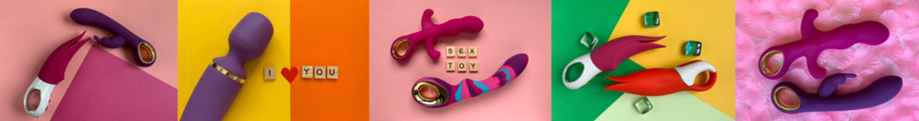 Collage of many sex toys. Rabbit vibrators, sex massager