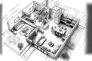 Poster - Sketch drawing of a residential or apartment building's layout. Sketch of the site plan with inside furnishings. suitable for architectural and interior design projects. Generative AI