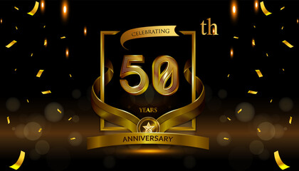 50th golden anniversary logo with gold ring and golden ribbon, vector design for birthday celebration, invitation card.