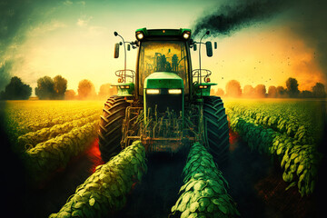 Wall Mural - Pesticides are applied by tractor to soy bean fields. Generative AI