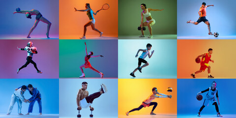 Collage made of portraits of diverse professional atheletes of different age doing various sports isolated over mulricolored background in neon.