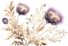 Luxury Abstract Thistles In Pale Pink, Pale Mauve And Gold. Feathers And Blossoms For A Magnificent Background, Beautiful Lavish Flowers, Card Illustration, Generated Art